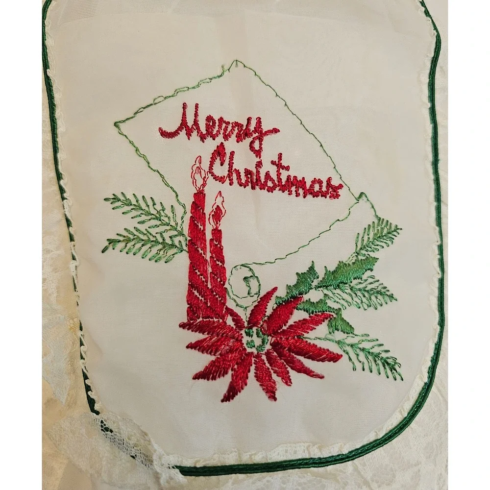 Vintage Christmas Apron White‎ Sheer Lace Embroidered Poinsettia Holiday cooking